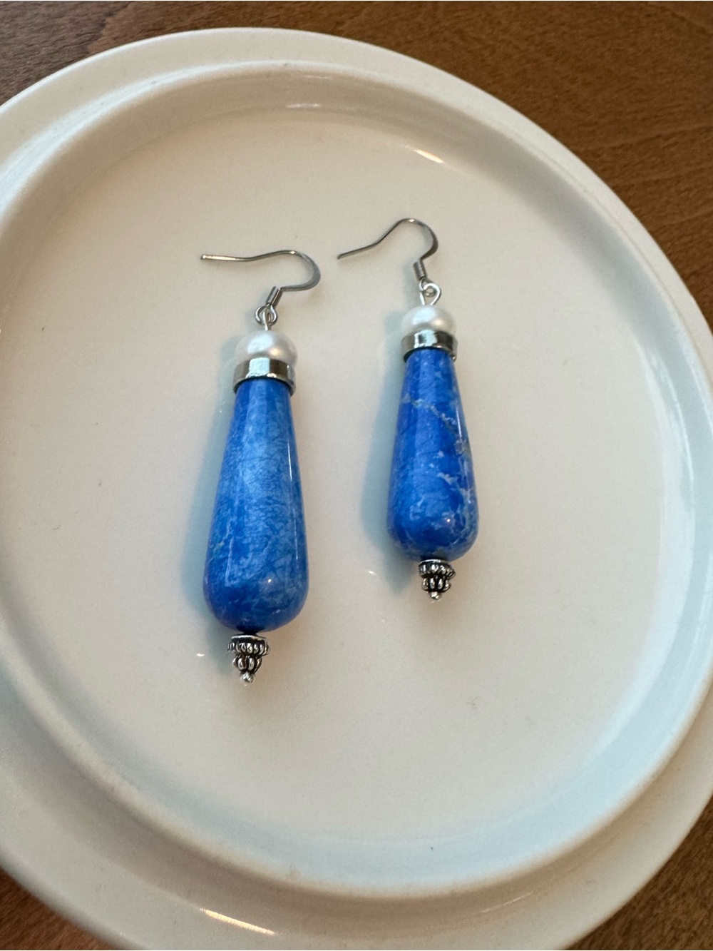 Blue Elongated Cone Dangle Earrings Accented with Genuine Cultured Pearl